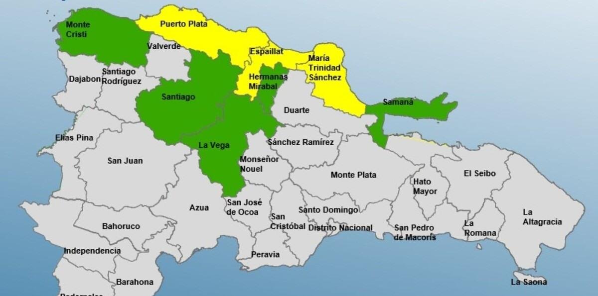 Espaillat, Puerto Plata y María Trinidad Sánchez en alerta amarilla; cinco provincias en verde